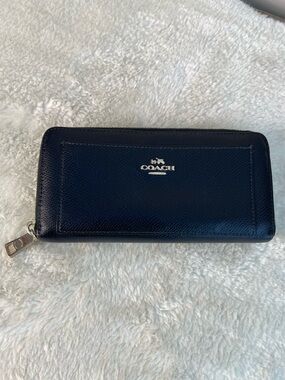 Coach Black Zip Around Leather Wallet with Silver Logo